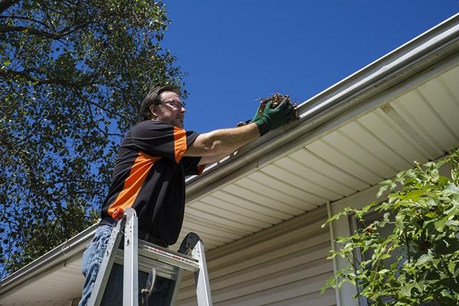 repairman using a ladder to access a damaged gutter for repair in Anderson Island, WA